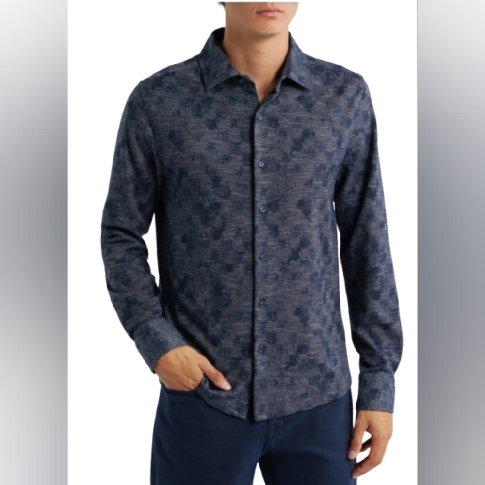 Robert Barakett Men's Blue Floral Button Down Shirt Size XL Comfy Stretch Slub